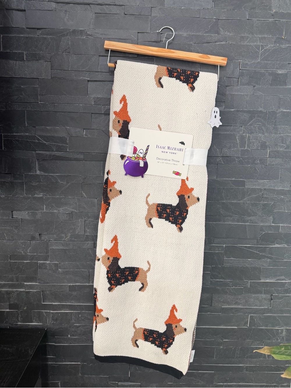 Isaac Mizrahi Cream Throw with Orange & Brown Dachshund Motif